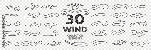 Hand drawn icon of wind breeze with air swirl and speed flow.