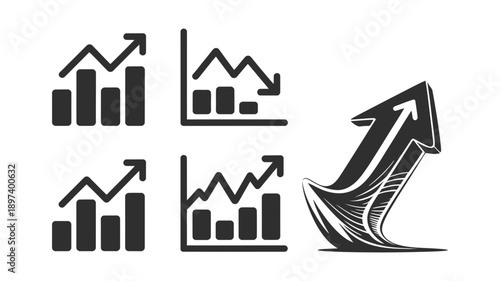 Analyzing business data and market trends with statistical bar graphs and an upward arrow