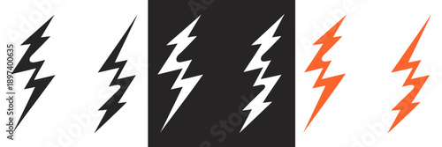 Set of six lightning bolt icons in black, white, and orange on contrasting backgrounds