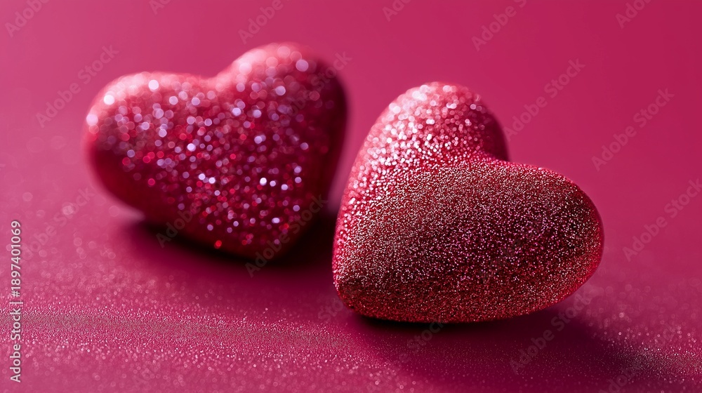 Fototapeta premium Zwei rote Herzen mit Glitzeroberfläche auf rotem Hintergrund symbolisieren Liebe und Romantik