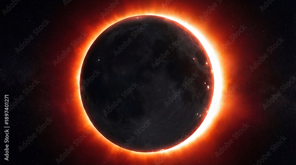 Naklejka premium Solar Eclipse with Fiery Corona Display Symbolizing Celestial Phenomena, Astronomy, Space Science, Cosmology, Astrophysics