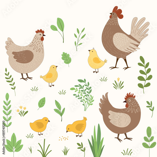 Floral pattern with cute cartoon chickens  on white background