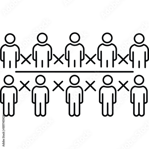 Social distancing icon: people separated by crosses, maintaining physical distance, COVID-19 safety, public health, line art, black and white, concept