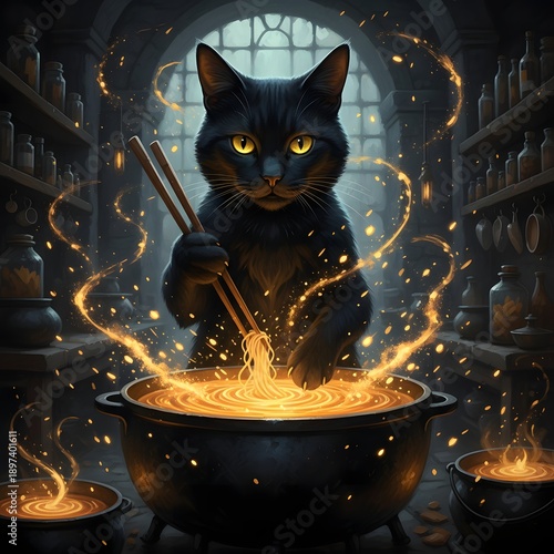 black cat wizard cooking noodles in magic cauldron with glowing golden sparkles in fantasy kitchen