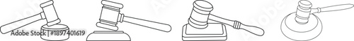 Judge Gavel Icon Set – Legal Justice Hammer Symbols, Black & White Silhouette Vector Collection