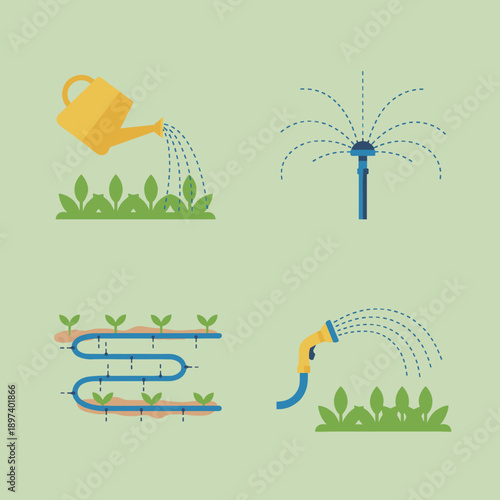 Gardening irrigation and plant care set with watering can, sprinkler, drip system and garden hose spray nozzle icons for agriculture concept.