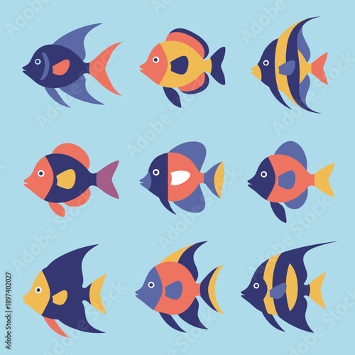 Vibrant tropical fish collection with nine different colorful exotic sea animals for aquarium decoration and marine life educational concept.