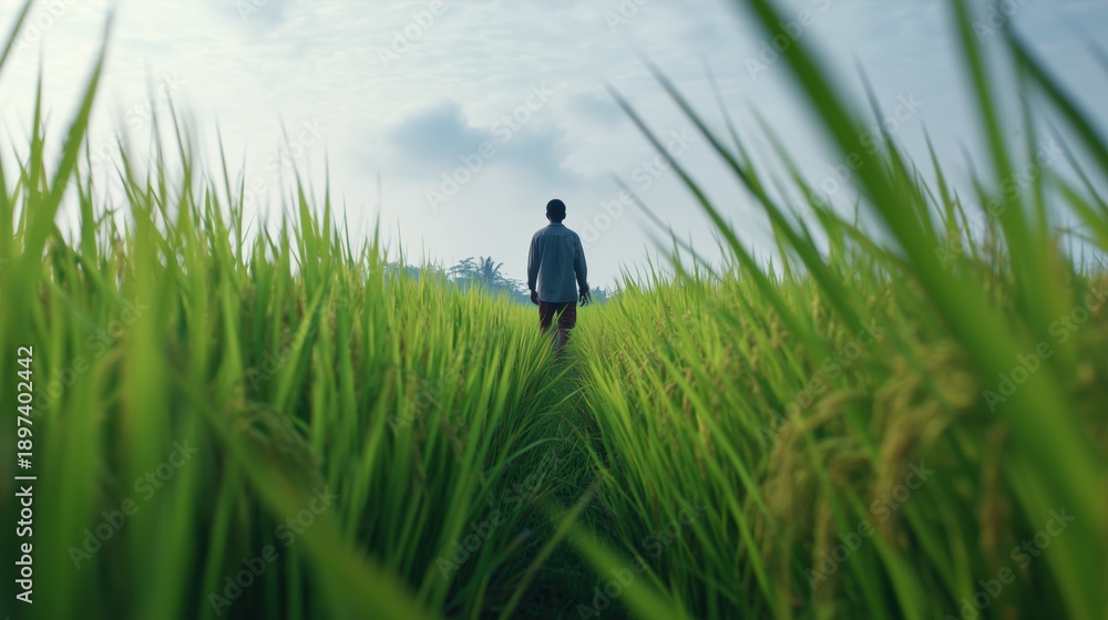Fototapeta premium Person walks through a green rice field in the morning light near a farm on a sunny day