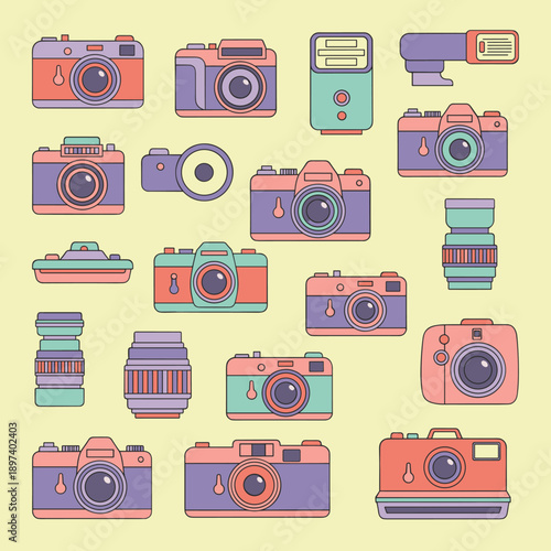 Retro and modern photography camera equipment icons including DSLR, mirrorless, lenses and flash units for photographer studio branding kit.
