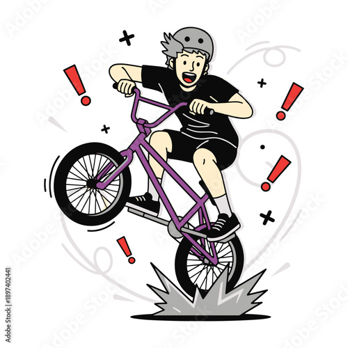 Happy boy riding BMX bicycle and performing wheelie stunt trick vector illustration.