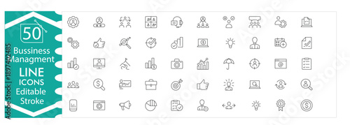 Business management icons set, strategy, leadership, organization, planning, teamwork, corporate, project management, operations, finance, productivity, office, professional design editable stroke 