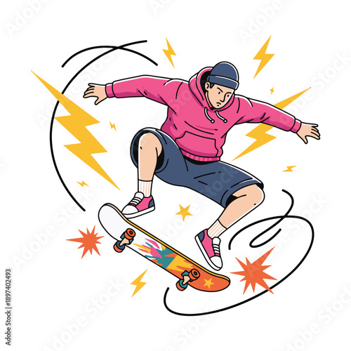 Cool skateboarder performing jump trick with electric lightning vector illustration.