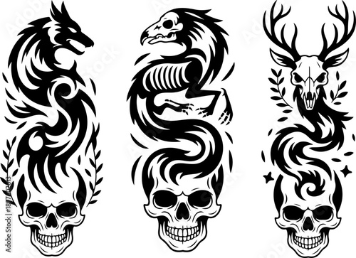 Mystic Skull Occult Symbol Sacred Geometry Black Vector Set