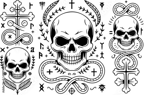 Mystic Skull Occult Symbol Sacred Geometry Black Vector Set