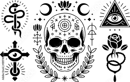Mystic Skull Occult Symbol Sacred Geometry Black Vector Set