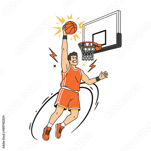 Basketball player jumping high to slam dunk ball into the hoop net vector illustration.