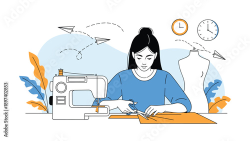 Creative woman using a sewing machine to cut fabric for a design project represents garment industry, fashion tailoring, and artistic textile work.