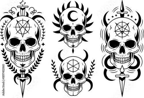 Mystic Skull Occult Symbol Sacred Geometry Black Vector Set