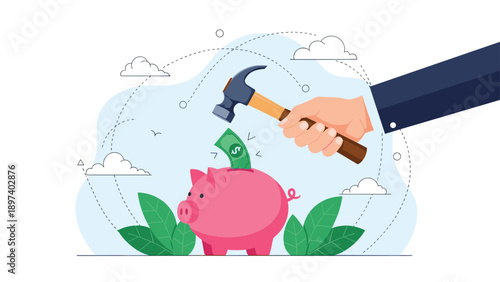 Human hand holding a hammer over a pink piggy bank about to break it represents spending savings, financial debt, bankruptcy, and withdrawal.
