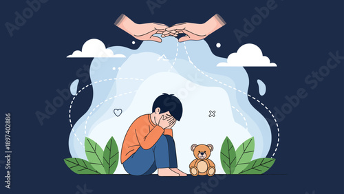 Sad child sitting on the ground with hands on face near a teddy bear under giant protective hands represents emotional trauma, abuse, and safety.