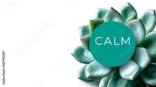 Mintgrüne Sukkulente mit rundem Schild und Aufschrift CALM vermittelt Ruhe und Entspannung