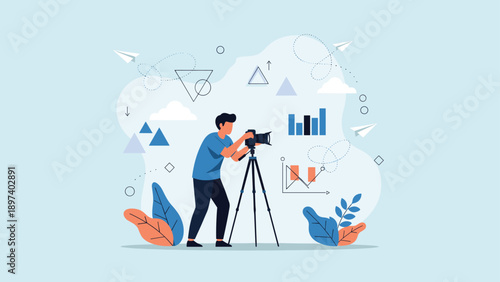 Professional photographer with a camera on a tripod surrounded by creative icons represents media production, content creation, and studio work.
