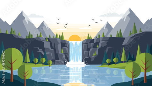 Scenic view of a large waterfall cascading between dark cliffs at sunset with mountains in the background portrays majestic nature and serenity.