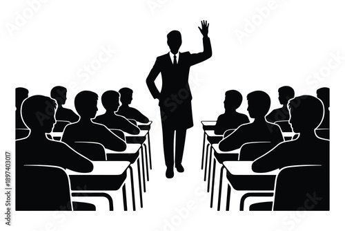 Teacher raising hand in classroom with students education