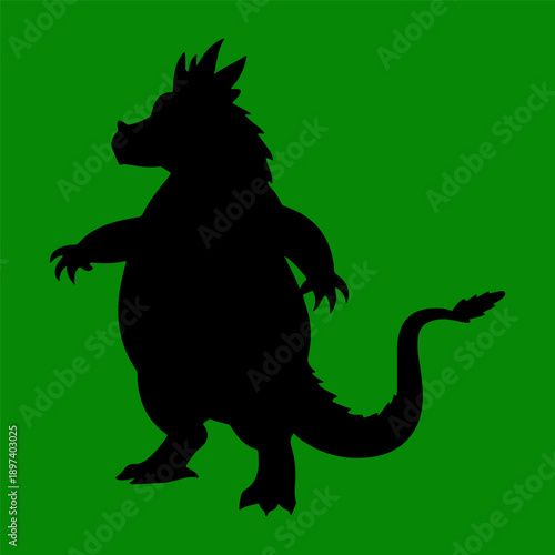 A vector silhouette illustration of a fat, cute dragon or monster standing green background