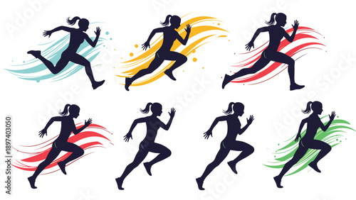 Collection of female runner silhouettes in active motion with dynamic colorful wave patterns representing speed and energy.