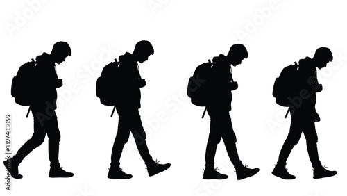 Silhouette sequence of a young man walking with a backpack on his shoulders against a clean white background for design projects.