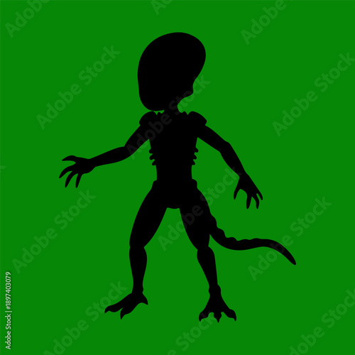A black vector illustration of a small extraterrestrial creature with a large head and tail green background