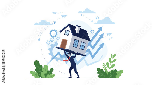 Determined businessman carrying a large house on his back to represent home ownership goals and real estate market growth.