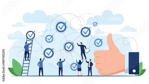 Team of employees marking successful tasks on a giant background with a large thumbs up for project completion and victory.