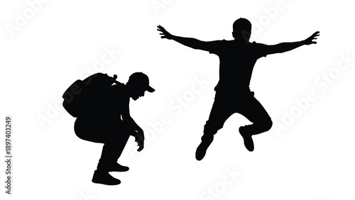 Dynamic silhouettes of a person jumping with arms wide open and another landing with a backpack for travel and freedom themes.