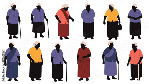 Set of silhouettes of elderly women standing in various casual poses and traditional outfits for social group illustrations.