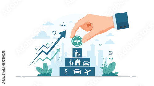 Hand placing a medical coin on a pyramid of blocks representing life goals like family, home, car, and financial security.