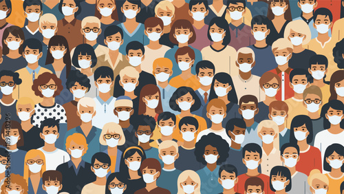 Diverse crowd of people from various backgrounds wearing protective face masks for health safety and pandemic awareness.