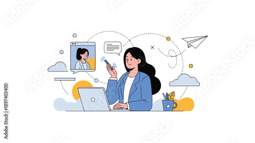 Professional woman at a desk with a laptop having a video call and using a smartphone for multi tasking business communication.