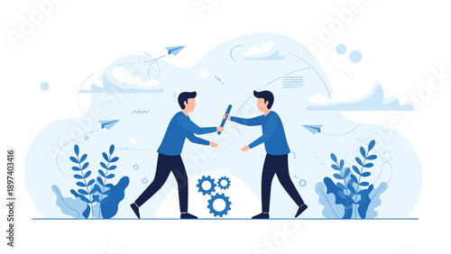 Two men passing a baton during a relay race symbolizes effective handover, team collaboration, business transitions, and shared responsibility.