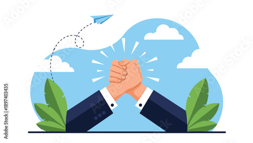 Business professionals engaging in a firm handshake or arm wrestling match highlights competition, partnership, agreement, and strong teamwork.