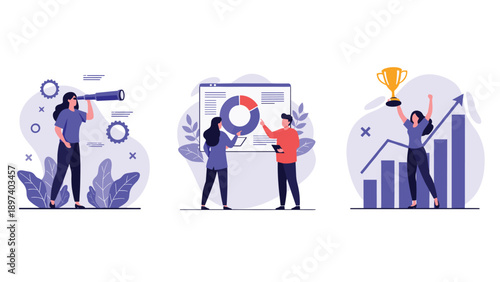 Collection of business illustrations featuring workers using telescopes, analyzing data charts, and celebrating success depicts strategic planning.