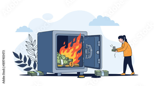Concerned woman taking stacks of money out of a burning safe represents financial loss, economic crisis, emergency savings, and risk management.
