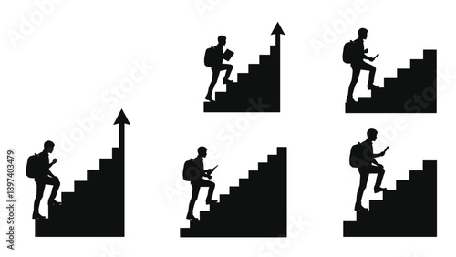 Silhouette of a student walking up stairs with a rising arrow symbolizes educational progress, personal development, and career advancement goals.