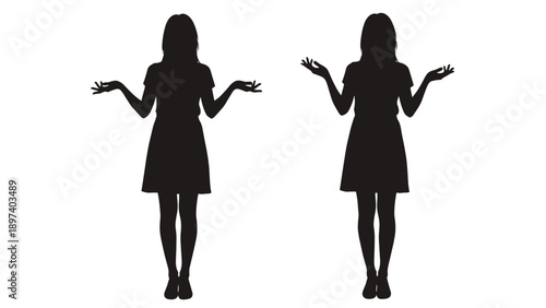 Silhouette of a young woman shrugging with her hands up in two different poses indicates confusion, decision making, choice, and uncertainty.