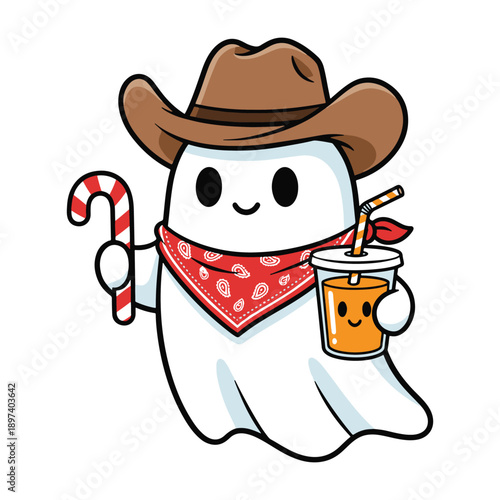 Cute cowboy ghost character wearing hat and bandana holding holiday drinks vector illustration.