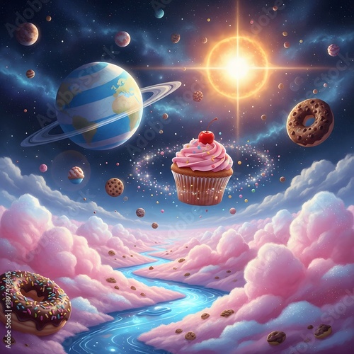 floating pink cupcake and donuts in fantasy candy land with cotton candy clouds
