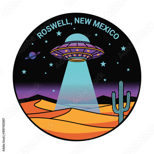Roswell New Mexico UFO alien spaceship beaming light in desert night scene vector illustration.