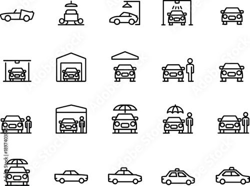 Car service icon set showing car wash parking garage valet taxi and vehicle maintenance symbols in clean outline style