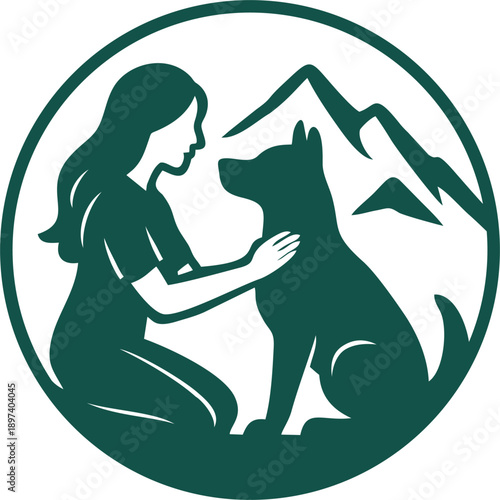 illustration of a woman with her dog outdoors, green